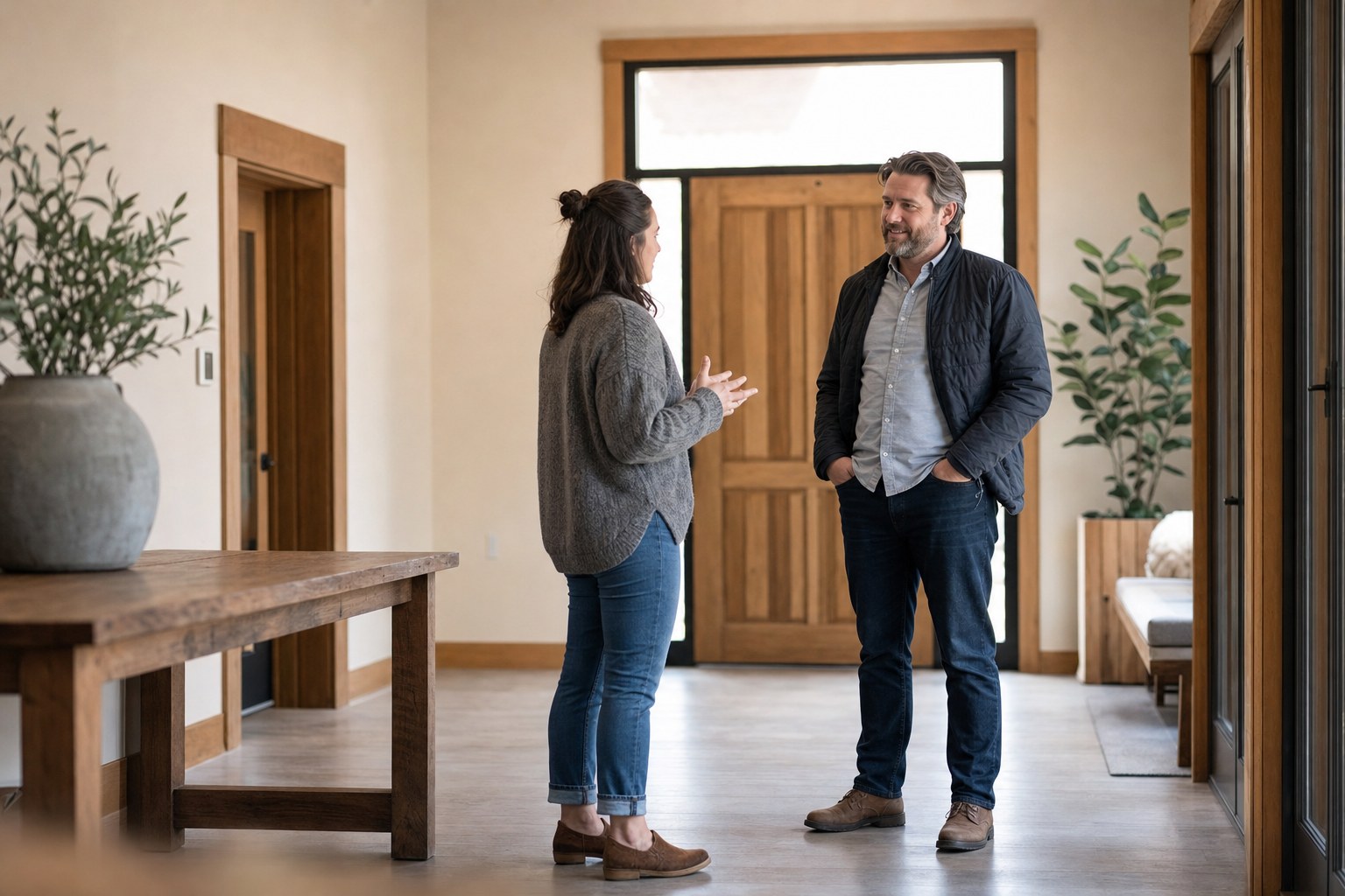 Two people in conversation after a church gathering