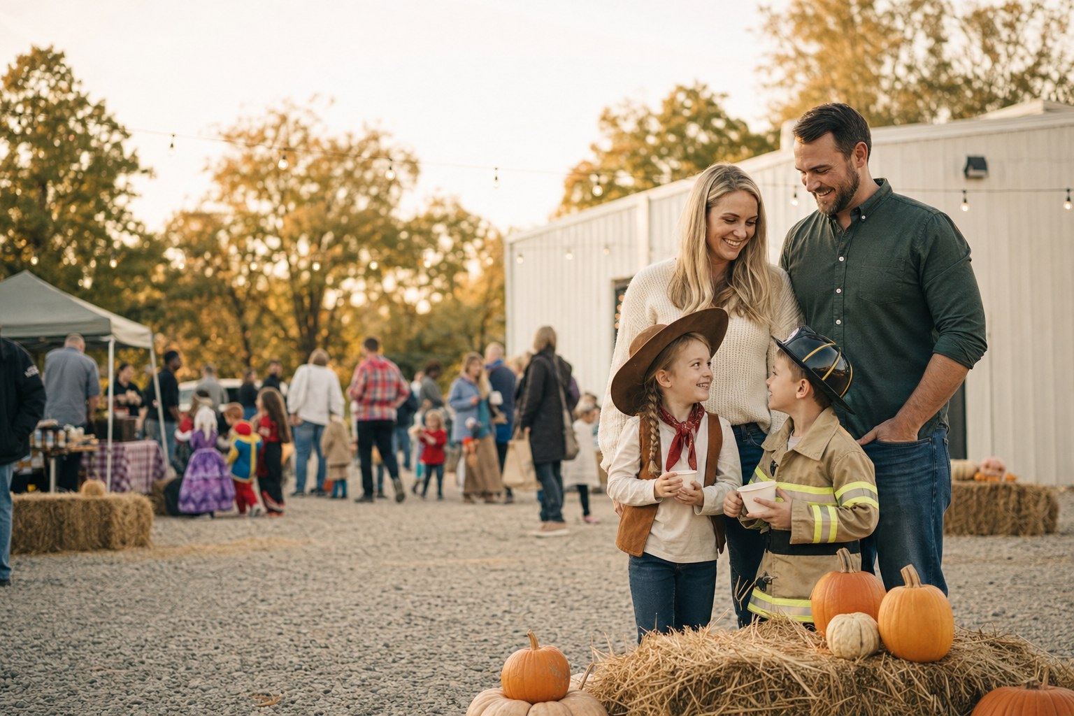 Families gathering at a fall festival