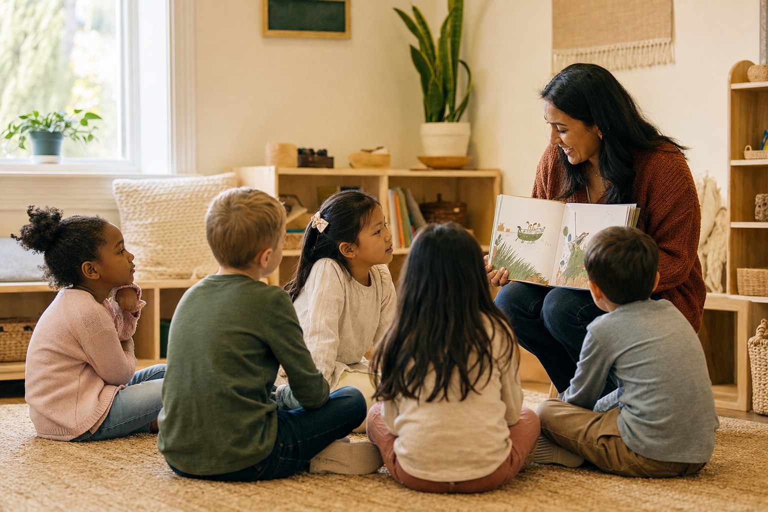A volunteer reading with children in a church classroom
