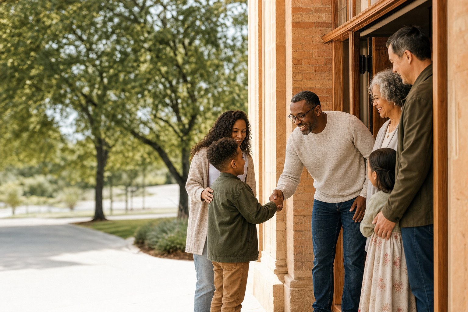 A family arriving for a Sunday gathering at Wrenhaven Church