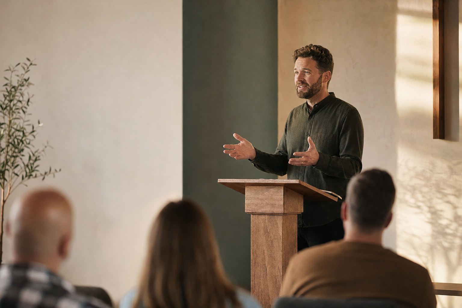 A pastor teaching from Scripture during a Wrenhaven gathering